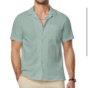 JMIEERR Seersucker Short Sleeve Button Down – Green – Size M